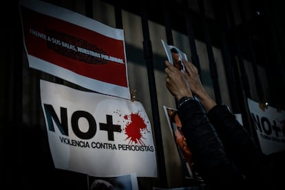 Manifestación en la Secretaria de Gobernación en la Ciudad de México, para exigir el cese a la violencia contra los periodistas, el 14 de febrero de 2022.