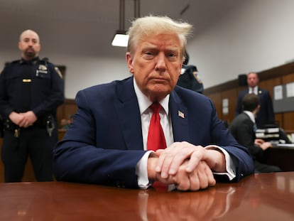 Former president Donald Trump waits for the start of proceedings in Manhattan criminal court, Tuesday, April 23, 2024, in New York.