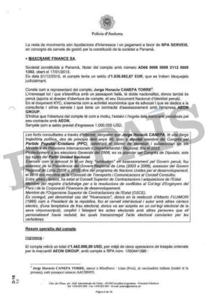 Informe de la Policía de Andorra sobre los presuntos sobornos de Odebrecht a altos funcionarios de Perú.