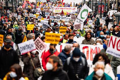 Varias personas durante una manifestación celebrada el sábado 26 de febrero para exigir que se paralice la tramitación de la Ley Ómnibus.