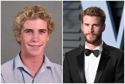 <strong>¿Quién es?</strong> El actor Liam Hemsworth, el pequeño de la saga de rubísimos actores australianos. <strong>¿Qué ha hecho?</strong> Antes de convertirse en el gemelo de Thor o, lo que es lo mismo, de su hermano mayor Chris Hemsworth, el australiano tuvo una pubertad al uso. Conocido por su papel junto a la irreverente cantante Miley Cyrus en ‘La última canción’ (2010), una adaptación de los libros melosos de Nicholas Sparks, se hizo un nombre en el cine con la saga de ‘Los juegos del hambre’ (2012). Sobre su preparación física, el actor comentó su rutina a 'Men’s Health' en 2018: “No soy de levantar pesas. Me gusta más coger la bicicleta y salir de paseo. O jugar al futbol, baloncesto, hacer flexiones, caminatas, cualquier cosa menos ejercicios estacionarios”. En la imagen, el actor adolescente en su foto de anuario, y Liam Hemsworth en la fiesta de los Oscar de Vanity Fair en 2018.