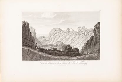 'Vista del interior del cráter del pico de Tenerife', grabado de la obra de Alexander von Humboldt 'Vistas de las cordilleras y monumentos de los pueblos indígenas de América' (1810).

