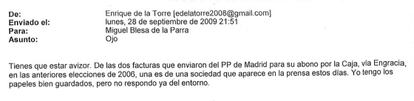 El correo electrónico que le remite el secretario del Consejo alertándole del pago de unas facturas supuestamente comprometedoras.