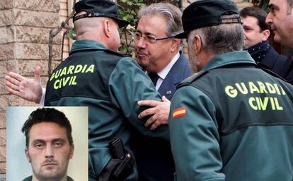 Zoido, a su llegada al cuartel de la Guardia Civil de Alcañiz. En pequeño, una imagen de Feher.