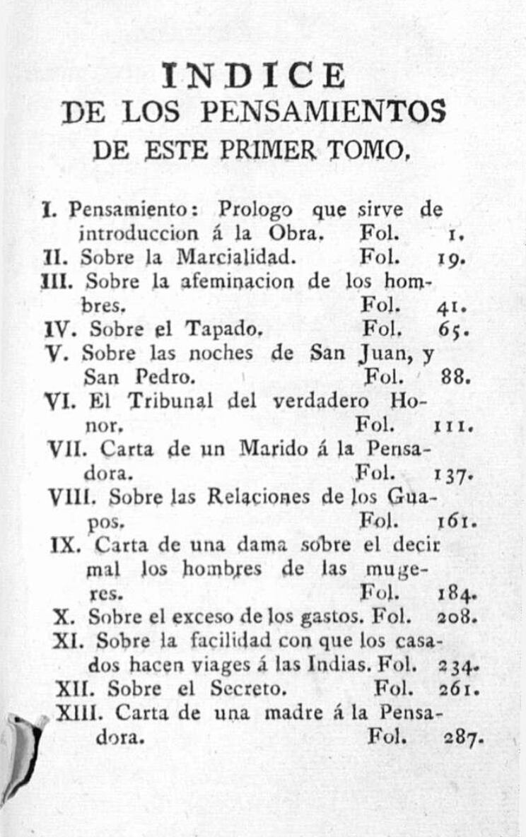 Índice temático del primer tomo recopilatorio de 'La Pensadora Gaditana', editado por Beatriz Cienfuegos, en una reedición de 1786