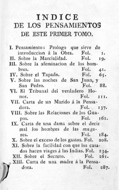 Índice temático del primer tomo recopilatorio de 'La Pensadora Gaditana', editado por Beatriz Cienfuegos, en una reedición de 1786
