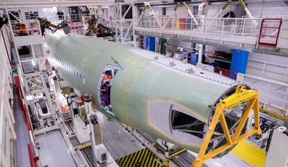 The main body of an A-320 aircraft in a factory in Hamburg, Germany.