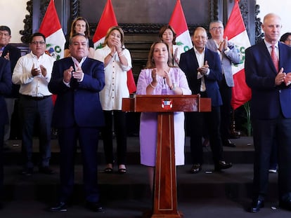 Dina Boluarte durante su discurso de este sábado, en Lima (Perú).