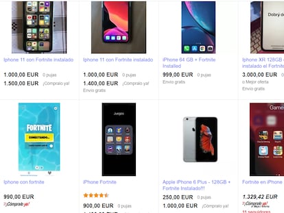 Captura de pantalla de los anuncios de móviles iPhone con Fortnite en eBay.