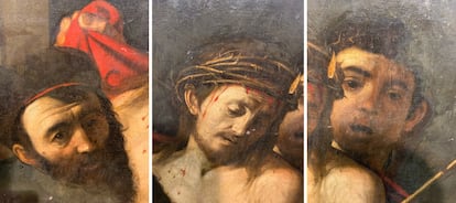 El 'eccehomo' de Madrid representa a Jesús torturado en una composición donde aparecen varios personajes. Diversos detalles técnicos en la ejecución de esta pintura avalan la autoría de Caravaggio, según los expertos.