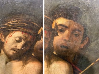 El 'eccehomo' de Madrid representa a Jesús torturado en una composición donde aparecen varios personajes. Diversos detalles técnicos en la ejecución de esta pintura avalan la autoría de Caravaggio, según los expertos.