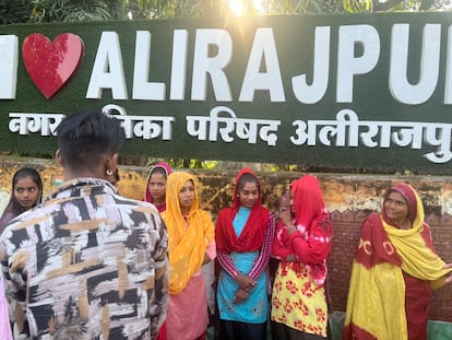 Women and girls wait to be hired at a labor market on October 9, 2023 in Alirajpur.