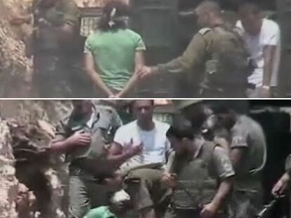 Arriba, un soldado israelí apunta al prisionero palestino -que tiene los ojos vendados y las manos atadas- y le dispara una bala de goma. Abajo, el prisionero yace tras el impacto, rodeado de militares.