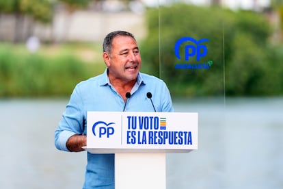 Ricardo Sánchez, interviene en Sevilla, durante el acto de cierre de campaña para las elecciones europeas del 9 de junio.