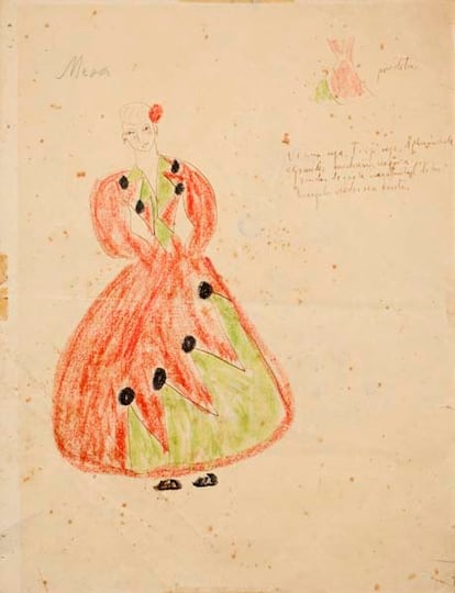 Los dibujos de Federico García Lorca para "La Zapatera Prodigiosa" (1930), a subasta. Inscripción del autor: "Vecina roja. Traje rojo. Aplicación verde. Grandes madroños negros. Cuiden de que la irregularidad de los triángulos verdes sea exacta". García Lorca añade un detalle de cómo quiere que sea el diseño por detrás.