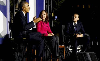 De izquierda a derecha: el presidente Barack Obama, la doctora Katharine Hayhoe y el actor Leonardo DiCaprio