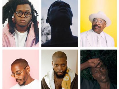 De izquierda a derecha y de arriba a abajo: Yuno, Viktor Taiwó, Swamp Dogg, Steven A. Clark, Serpentwithfeet y Moses Sumney.