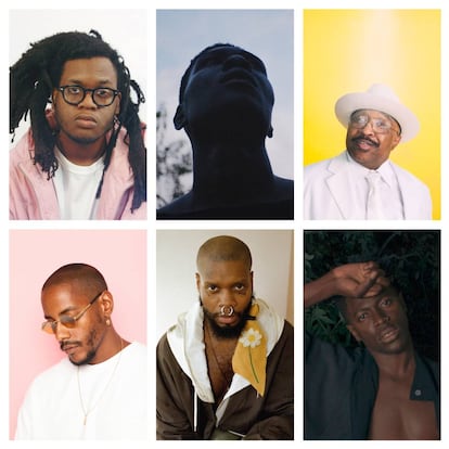 De izquierda a derecha y de arriba a abajo: Yuno, Viktor Taiwó, Swamp Dogg, Steven A. Clark, Serpentwithfeet y Moses Sumney.