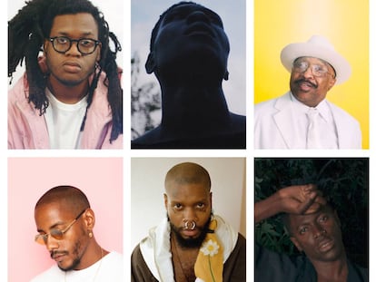 De izquierda a derecha y de arriba a abajo: Yuno, Viktor Taiwó, Swamp Dogg, Steven A. Clark, Serpentwithfeet y Moses Sumney.