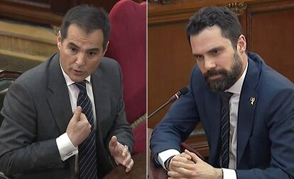 El presidente del Parlament, Roger Torrent, declaró en la décima sesión como testigo en el juicio del 'procés', convocado por la acusación popular de Vox. Por la mañana, el juicio había entrado de lleno en la gestión policial del 20-S y del 1-O con la declaración del exsecretario de Estado de Seguridad José Antonio Nieto, que explicó que el Gobierno de Mariano Rajoy planteó al Govern que durante el referéndum se pudiera votar "en plazas o lugares abiertos" donde no se vulnerara la orden judicial de impedirlo, pero que "no hubo ni el más mínimo gesto de cesión". A la izquierda, el exsecretario de Estado de Seguridad José Antonio Nieto; a la derecha, el presidente del Parlament, Roger Torrent.