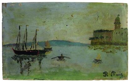 Primer óleo de Pablo Picasso, copia de una marina de su padre: 'Crepúsculo en el puerto de Málaga', 1889. Óleo sobre tabla. Colección particular, París.