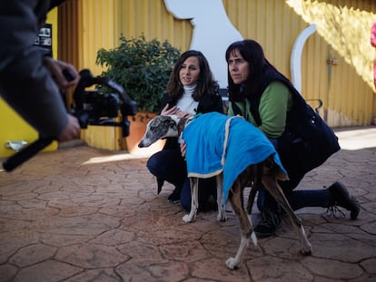 La ministra de Derechos Sociales, Ione Belarra (a la izquierda), durante la visita el 2 de febrero a una asociación protectora de animales en Madrid.