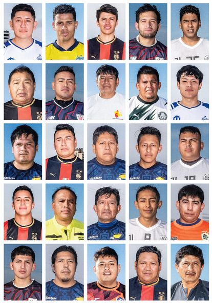 Futbolistas de la liga. De izquierda a derecha, en la primera fila: Esteban, Michael Fernando, Amílcar José, Paolo y Carlos Javier. En la segunda fila: Ángel Aníbal, Juan, Patolín, Nelso y Mazache. En la tercera fila: Henry Camacho, Diego Armando, Marco, Micki y Carlos Ordóñez. En la cuarta fila: José, William, César Gustavo, Alexander y Tutislar Silva. En la quinta fila: Jhan, Fabián Araujo, Danilo, Luis Fernando y el árbitro Ricardo.