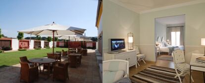 Terraza y una de las habitaciones del hotel NH Castellar, en Castellar de la Frontera (Cádiz), con interiorismo de Thomas Urquijo.