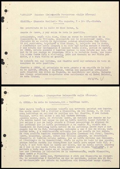 Dues de les notes dels informants de la CNT-FAI que hi ha a l’arxiu d’Amsterdam: sobre les converses de Quero Molares i Josep Andreu Abelló, i altres contra Lluís Companys (a dalt) i sobre el perfil de Manuela Gallar, Charito, parella i futura esposa de Josep Quero Molares. A baix, informació apareguda a 'La Vanguardia' de l’enterrament de Roldán Cortada.