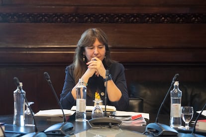 La presidenta del Parlament, Laura Borràs, durante la reunión de la Mesa del Parlament, este jueves.