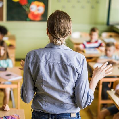 Back view of a female teacher teaching large group of elementary students in the classroom.