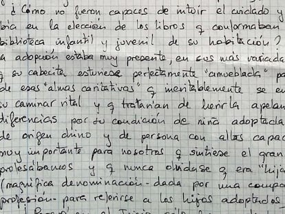 Fragmento de la carta de nueve páginas enviada por Rosario Porto a EL PAÍS a finales de 2017.