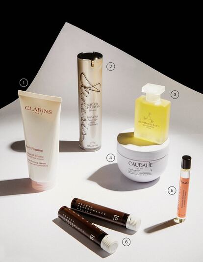 1. Body Firming Crème Lift-fermeté, de Clarins. Crema de textura untuosa que reafirma (extracto de petasites bio), remodela (extracto de mitracarpus bio) y nutre (manteca de karité) la silueta en un solo paso. 59 euros. 
2. Overnight Body Treatment, de Sarah Chapman. Suero corporal en aceite de rápida absorción que reafirma, rejuvenece, mejora el tono y la textura, redensifica, ilumina y ayuda a dormir mejor. 45 euros. 
3. Light Relax Bath And Shower Oil, de Aromatherapy Associates. Aceite de baño reconfortante gracias al ylang ylang; también relaja gracias a la lavanda. 64 euros (en purenichelab.com).
4. Vinotherapist Manteca Corporal Vegana Relipidante 24h, de Caudalíe. Rica en lípidos de origen vegetal, nutre intensamente y repara las pieles, incluso las más secas. Deja la dermis más lisa, flexible y confortable. 23,50 euros. 
5. Reset Emocional, de Domma. Roll-on de aromaterapia formulado para aliviar síntomas como los sofocos y la irritabilidad propios de la menopausia; aunque también ayuda en cualquier momento de estrés y ansiedad. 18 euros. 
6. Suplemento Nutricional Antiedad, de Logenic. Ayuda a conseguir una piel radiante, un cabello más fuerte, mayor rendimiento físico y apoya la pérdida de peso y la mejora de la calidad del sueño. 149,95 euros/28 monodosis.