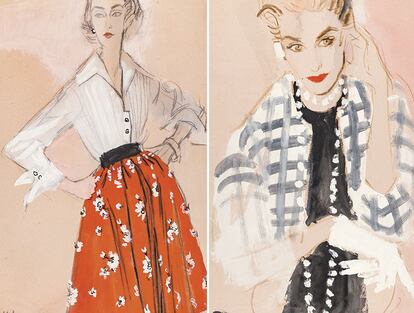 A la izq: Full Red Skirt, with Flowers, and White Blouse (c. 1960). A la dcha: Black and White Checked Jacket (c. 1958).