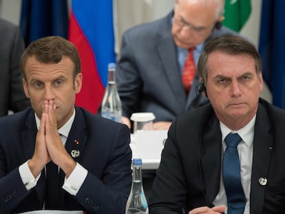 O presidente francês, Emmanuel Macron, e o presidente do Brasil, Jair Bolsonaro durante a cimeira do G20 em Osaka em junho passado.