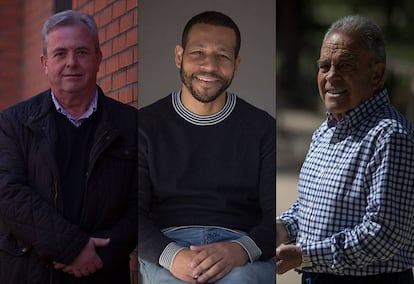 De izquierda a derecha, Miguel Ángel González, nacido en Madrid, lleva toda la vida en Usera. Se incorporó a la junta directiva de la central térmica autogestionada de Orcasitas en 1994. Juan Oyono trabaja en la Fundación Tomillo desde 2002. Su padre es de Guinea Ecuatorial y su madre, de Madrid. El conquense Antonio Gumiel se asentó en el barrio a principios de los cincuenta. Recogió firmas para que la Junta habilitara una pista de chito en el parque Pradolongo.