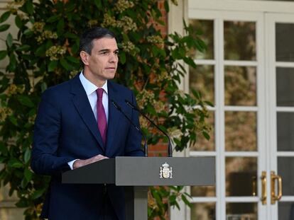 Pedro Sánchez, en la comparencia del 29 de abril en la que anunció que continuaba como presidente del Gobierno.