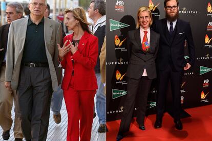 Con Borrell vestida de rojo en 2004 y en el estreno de la película ‘Sufragistas’ en 2015.