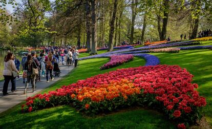 Visitantes en el jardín botánico de Keukenhof, Países Bajos.