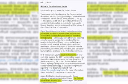 Notificación que recibió Saray Díaz para que abandonase inmediatamente Estados Unidos.