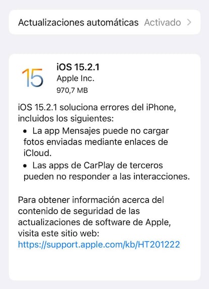 iOS se actualiza a la versión 15.2.1.