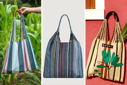 Desde la izquierda: bolsa hamaca original elaborada por la artesana Francisca Pérez, la vendida en el sitio web de la tienda Oysho y, por último, la bolsa vendida por la empresa Marni.