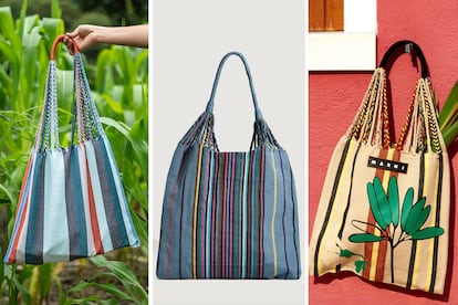 Desde la izquierda: bolsa hamaca original elaborada por la artesana Francisca Pérez, la vendida en el sitio web de la tienda Oysho y, por último, la bolsa vendida por la empresa Marni.