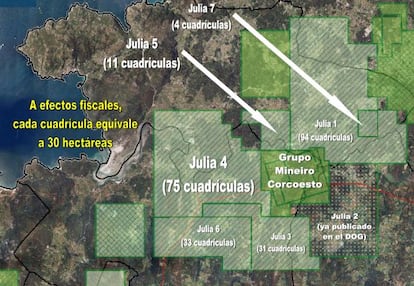 Plano difundido ayer por Salvemos Cabana que recoge los datos del mapa oficial del censo catastral minero.