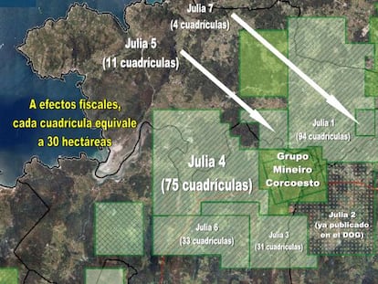 Plano difundido ayer por Salvemos Cabana que recoge los datos del mapa oficial del censo catastral minero.