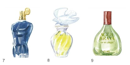 Grandes éxitos de Puig. 7. Jean Paul Gaultier Le Mâle Essence de Parfum (2016) es una variación sobre el superventas masculino que reinó en los años previos a la llegada de 1 Million. 8. Nina Ricci L’Air du Temps Aube (2016) reescribe un clásico femenino romántico de 1948. 9. Agua Brava (1968) ha sido el perfume de varias generaciones de españoles.