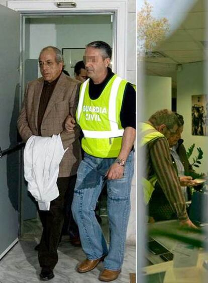 A la izquierda, el doctor Carlos Morín, ayer, a la salida del centro médico tras su detención. A la derecha, un guardia civil, durante el registro de la clínica.