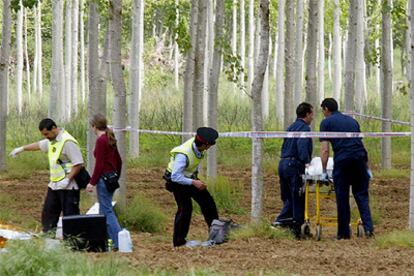 Unos <i>mossos</i> y operarios de la funeraria retiran en el cadáver, junto a la N-II a su paso por Sils.