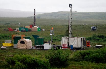 Workers with the Pebble Mine project test drill in the Bristol Bay region of Alaska, near the village of Iliamma, on July 13, 2007.