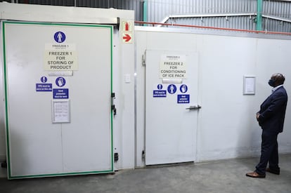 Un miembro del equipo de seguridad observa los congeladores de la instalación de almacenamiento de vacunas contra el coronavirus Biovac (COVID-19) en Johannesburgo, Sudáfrica, el 2 de marzo de 2021, durante una visita del vicepresidente David Mabuza a las instalaciones.